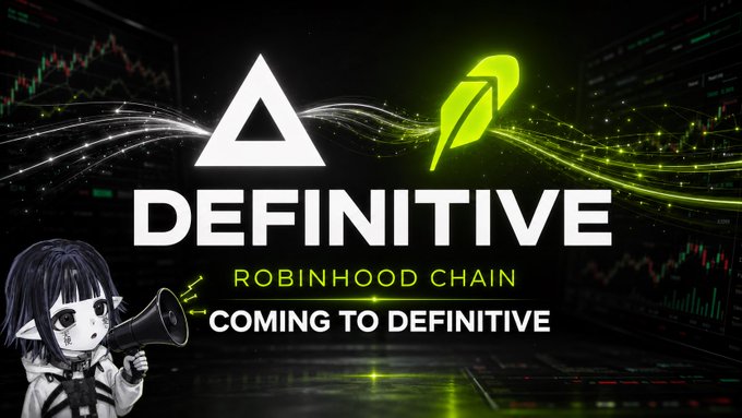 Promotional graphic announcing 'DEFINITIVE ROBINHOOD CHAIN COMING TO DEFINITIVE' with an anime-style character holding a megaphone against a green and black trading chart background.