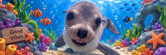A smiling baby sealion swims underwater among colorful coral and tropical fish, with a wooden "Good Vibes" sign on the left, capturing the playful, cheerful vibe matching the $REGGIE memecoin's branding.