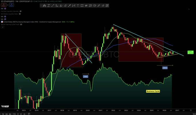 A monthly candlestick chart of OthersBTC (TOTAL3) cryptocurrency market cap against Bitcoin is displayed on TradingView, showing price action from 2015 through 2026 with highlighted descending wedge patterns, moving averages, and a "Business Cycle" indicator, illustrating the long-term reversal and bullish structure referenced in the post about early macro value investing in altcoins.