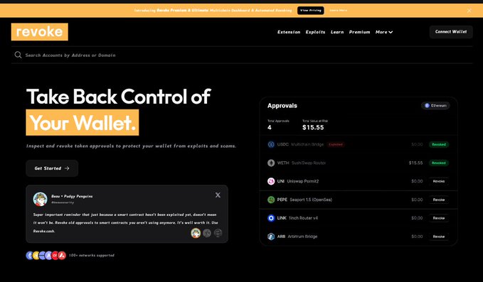 A screenshot of the 'revoke' website homepage with the headline 'Take Back Control of Your Wallet,' showing a wallet approvals panel listing token allowances like USDC, WETH, UNI, PERP, LINK, and ARB.