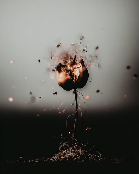 An artistic image of a dried seed pod with dandelion-like seeds floating away, featuring exposed roots at the base and a glowing center against a dark background.