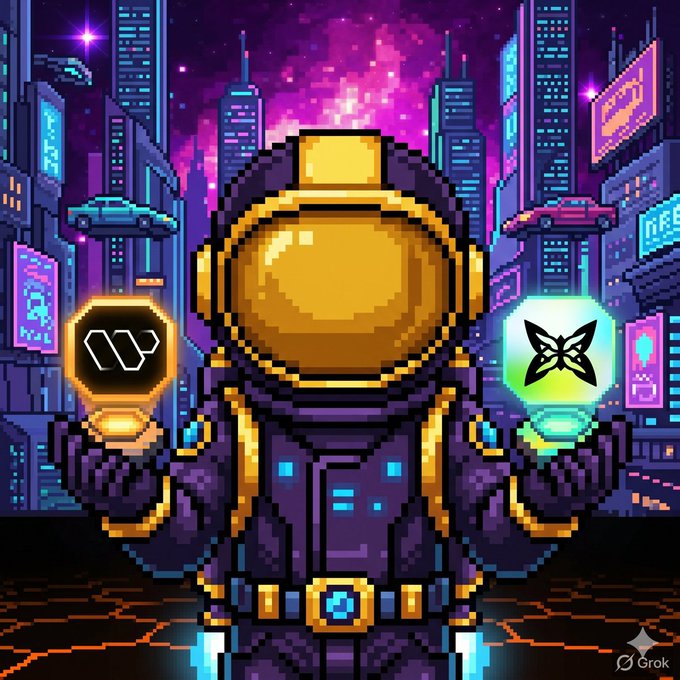 The image features a cartoon depiction of an astronaut wearing a purple suit with gold accents, holding two objects - one black and one green. The background shows a cityscape filled with buildings and neon signs, creating a futuristic atmosphere. The caption above the image reads "Seeing the development of the digital space today has made me realize that high-level technology and community distribution must always go hand in hand." This suggests that the artist is drawing attention to the importance of both technological advancements and community engagement for progress and growth.