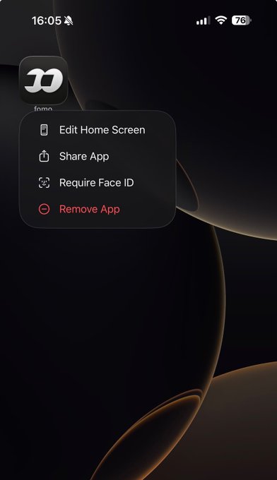 A mobile phone home screen shows a long-press context menu open over an app icon, displaying options to 'Edit Home Screen', 'Share App', 'Require Face ID', and 'Remove App' in red.
