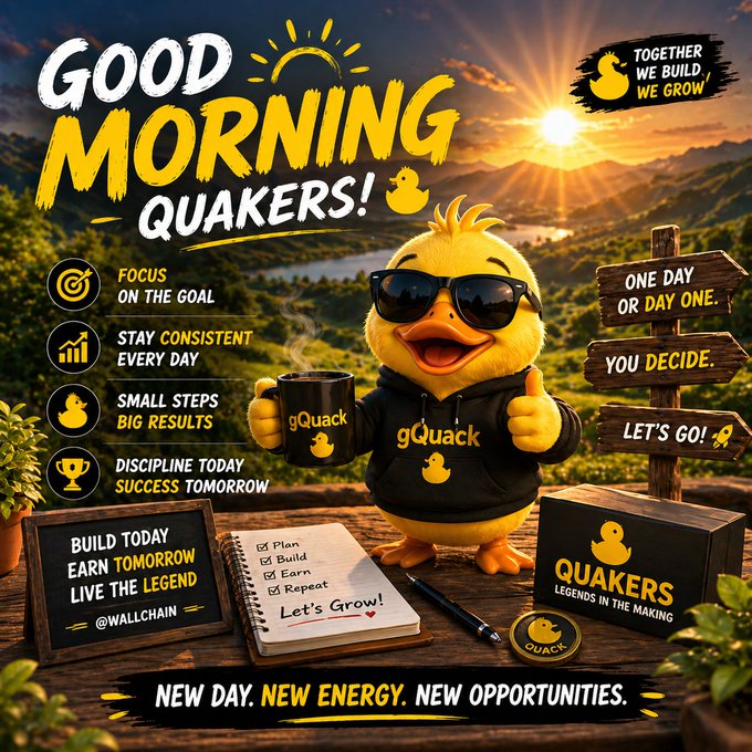 A yellow duck mascot, wearing a black hoodie and sunglasses, holds a coffee cup with the text "Good Morning Quakers!" on a wooden signpost.