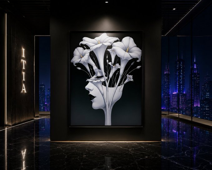 A modern interior featuring a large black-and-white artwork of a woman's face with calla lilies growing from her head, alongside 'ITIA' wall text and a nighttime city skyline visible through floor-to-ceiling windows.
