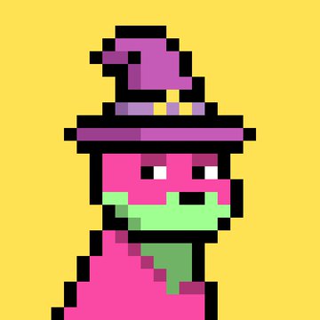 A pixel art depiction of a green-skinned zombie-like character wearing a purple hat and suit with a scarf, set against a yellow background.