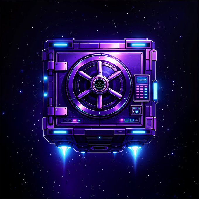 A digital illustration of a futuristic, glowing purple cube-shaped safe or vault floating in space, with thrusters underneath and a combination dial and keypad on the front.