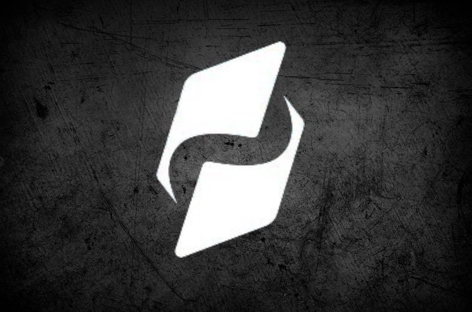 A stylized white "P" logo with a curved swoosh element centered on a dark, scratched metal-textured background.