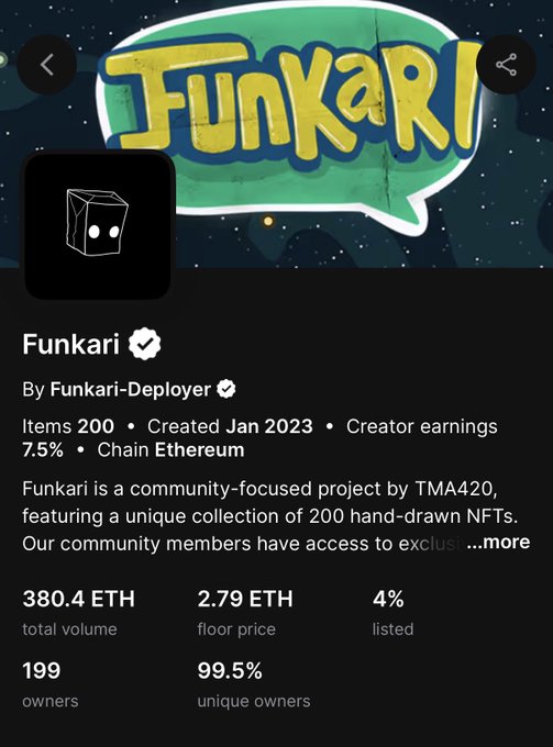 The image features a poster for the video game "Funkari NFT" with a focus on the EFT and other market information surrounding the game's transactions at different price levels, as well as a description of the game itself. The text indicates that this is a community-focused project created by Timmy M.alfa in 2013 and that it's available for download for a fee of 2.79 eth, with a total volume of 391.48 eth (or approximately 394 ether).