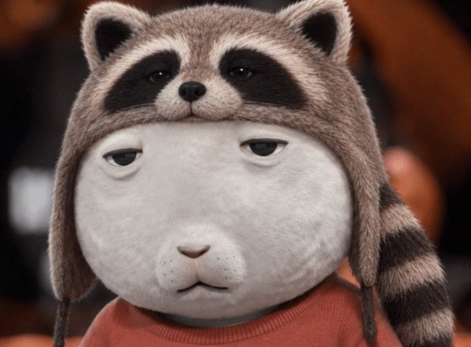 A white rabbit/bear-like animated character wears a raccoon hat and a red sweater, featuring a notably unamused, half-lidded expression.