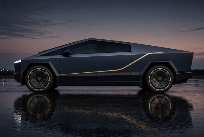 A side profile view of a Tesla Cybertruck with illuminated trim lines, parked on a wet reflective surface at dusk.
