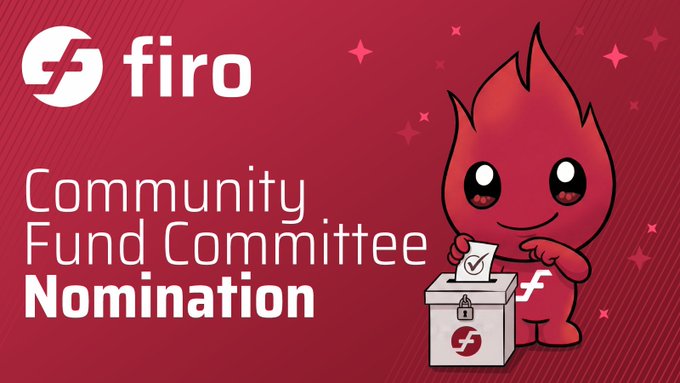 A promotional graphic for the 'firo' cryptocurrency Community Fund Committee Nomination, featuring a red flame-like mascot placing a ballot into a box.