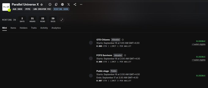 Screenshot of a website for 'Parallel Universe X' NFT minting showing countdown timers (2 days, 21 hours, 23 mins, 29 secs) with GTO Citizens, FCFS Survivors, and Public stage minting details.