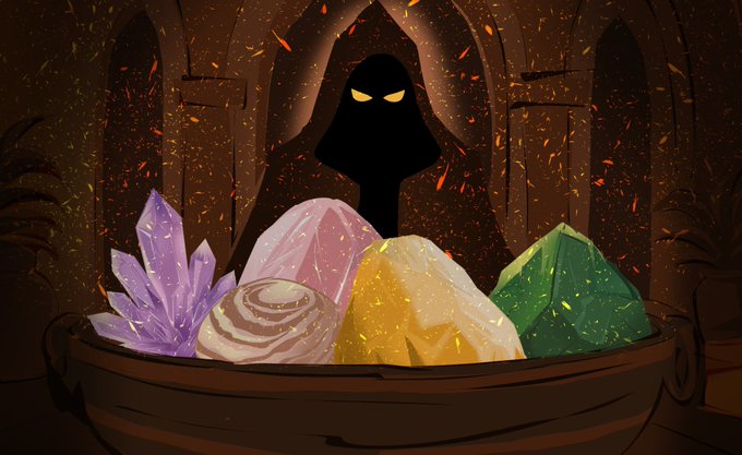 A hooded figure with glowing yellow eyes looms behind a wooden bowl filled with colorful crystals and minerals, set against a dark, ember-filled stone chamber. The image visually reinforces the post's themes of formation, scarcity, and enduring value—symbolizing how only the strongest "formation" of crypto holdings survives under pressure, rewarding those who accumulate early.