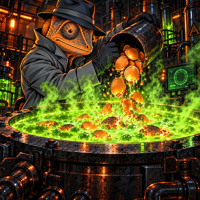 A chameleon wearing a trench coat and fedora pours gold coins into a large industrial vat of bubbling, glowing green liquid.