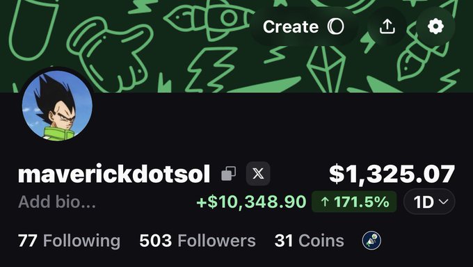 A Pump.fun profile page for user 'maverickdotsol' showing a balance of $1,325.07, with a +$10,348.90 gain (↑171.5%), 77 following, 503 followers, and 31 coins.