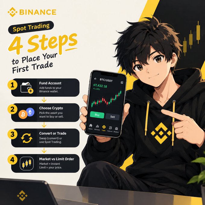 A Binance 'Spot Trading' guide titled '4 Steps to Place Your First Trade' showing an anime-style character holding a phone displaying BTC/USDT chart, with steps: Fund Account, Choose Crypto, Convert or Trade, and Market vs Limit Order.