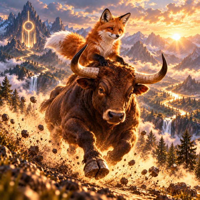 A fantastical scene showing a red fox riding atop a charging brown bull through a mountainous landscape with waterfalls and a glowing golden ring hovering in the sky at sunset.