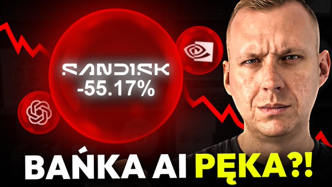 A YouTube thumbnail featuring a man alongside a "SanDisk -55.17%" graphic, NVIDIA and OpenAI logos, red downward arrows, and the text "BAŃKA AI PĘKA?!" (Is the AI bubble bursting?!), which matches the post's discussion about AI stocks crashing and the potential bursting of the AI bubble.