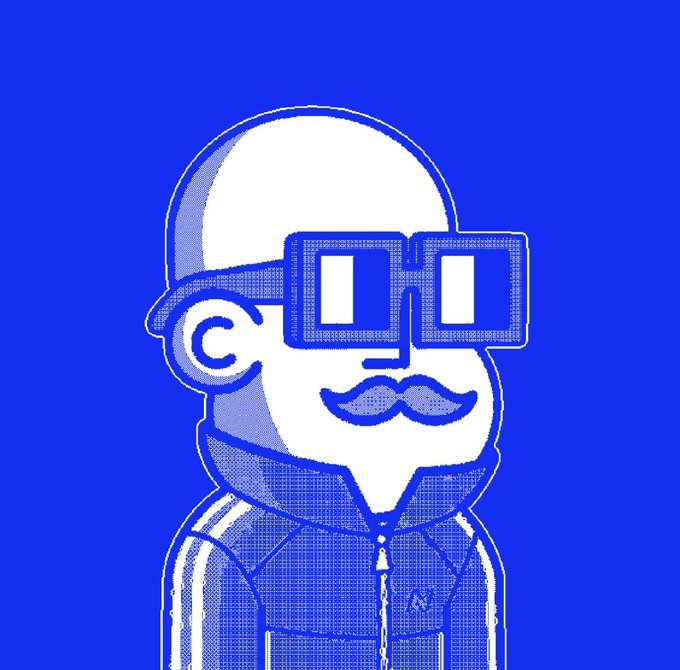 Minimalist blue and white illustration of a mustached man wearing a backward cap and pixelated blocky glasses against a solid blue background.