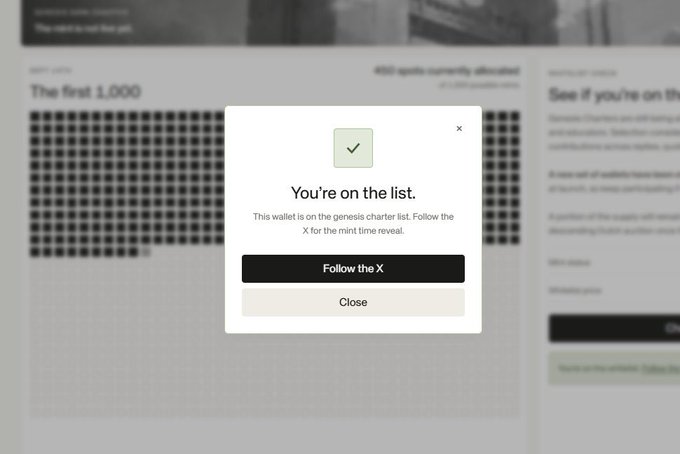 A popup confirmation screen reads "You're on the list." with the message "This wallet is on the genesis charter list. Follow the X for the mint time reveal." along with "Follow the X" and "Close" buttons.