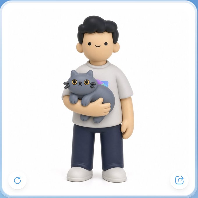 A 3D-rendered cartoon character in a white t-shirt holding a gray cat with large eyes.