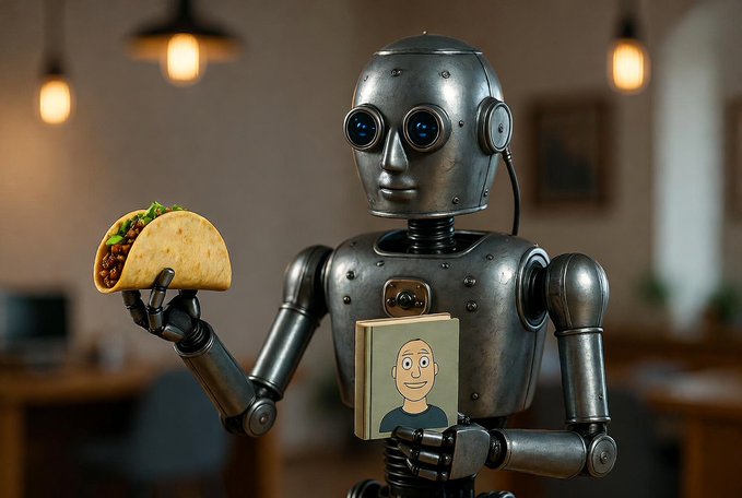 A vintage-style metallic robot holding a taco in one hand and a book with a cartoon face on the cover in the other, set in a warmly lit interior.