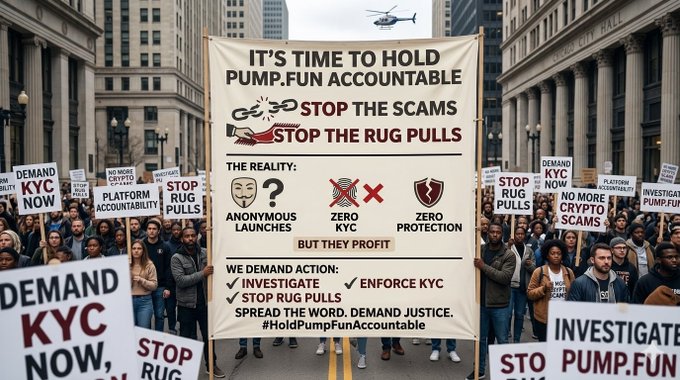 The image shows a large group of people holding up signs, with one sign that reads "It's time to hold Pump-Fun accountable for enabling global rug pull scams - Stop the rug pulls!". The crowd appears to be protesting against the use of rugs made in sweatshops or other unethical conditions. This protest is taking place on a city street lined with buildings and a helicopter can be seen flying overhead, indicating that this event might be happening in an urban setting.