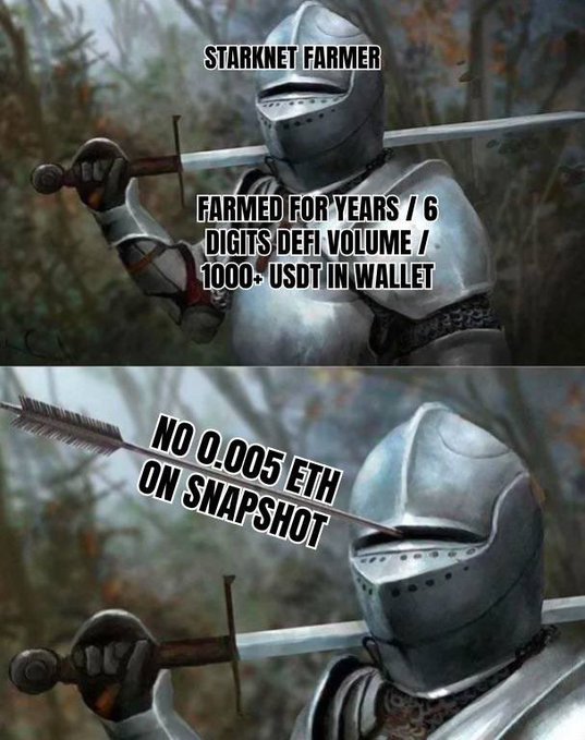 A two-panel meme featuring a knight in armor: the top panel reads 'STARKNET FARMER / FARMED FOR YEARS / 6 DIGITS DEFI VOLUME / 1000+ USDT IN WALLET' and the bottom panel reads 'NO 0.005 ETH ON SNAPSHOT', referencing Starknet airdrop farming.