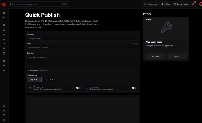 The screenshot displays Swarms' new "Quick Publish" page, featuring a streamlined form to launch an agent and its token in one step, with fields for agent name, ticker, description, and liquidity pair options (SOL/USDC) alongside a live preview pane. The interface includes toggles for "Privacy mode" and "Vault mode," and a prominent green "Buy" button with a "Share" option in the preview, illustrating the faster tokenized agent deployment process highlighted in the post.