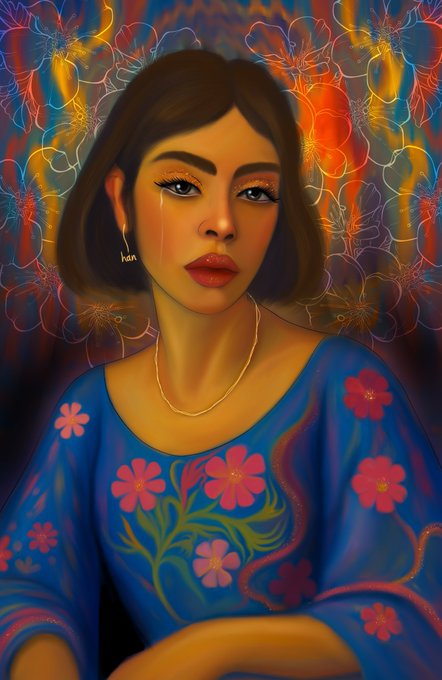 A digital portrait of a woman wearing a vibrant blue blouse with pink floral patterns, her face adorned with sparkling eye makeup, set against a colorful floral background. The watermark "hav." appears on her earring, consistent with the artist signature linked to the sold-out Objkt NFT listing.