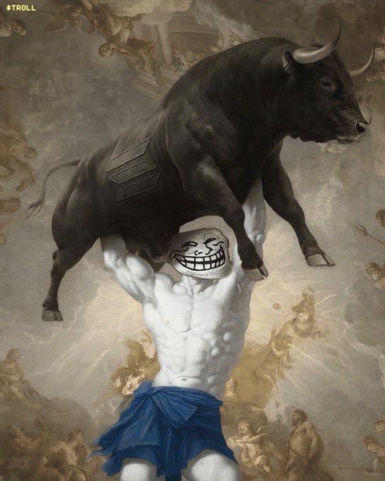 A muscular figure with a trollface on his head hoists a massive black bull overhead in a dramatic classical-style composition, with "#TROLL" written in the corner—visually embodying the "#TROLL Is Gonna Start The Bull Run" theme by symbolizing a bullish surge being literally launched by the troll.