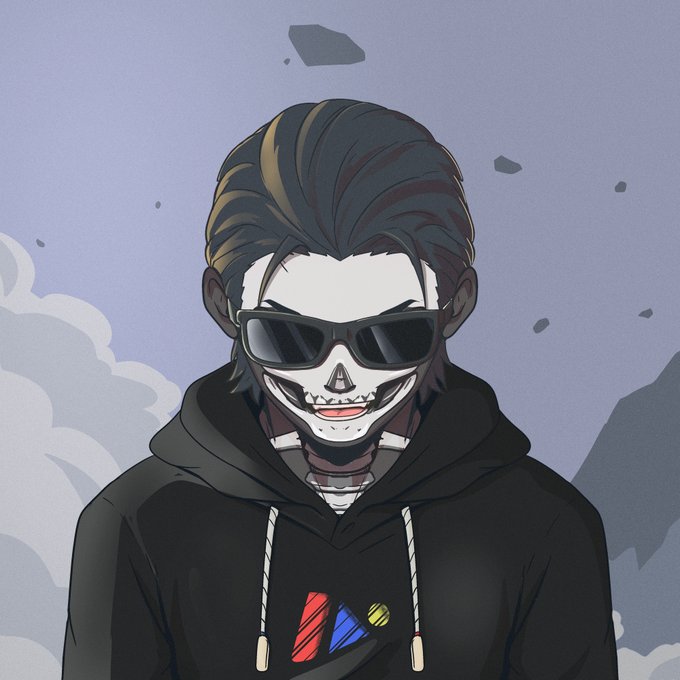 An animated character with slicked-back hair, sunglasses, and a skull-painted face wears a black hoodie with a colorful logo on the chest.