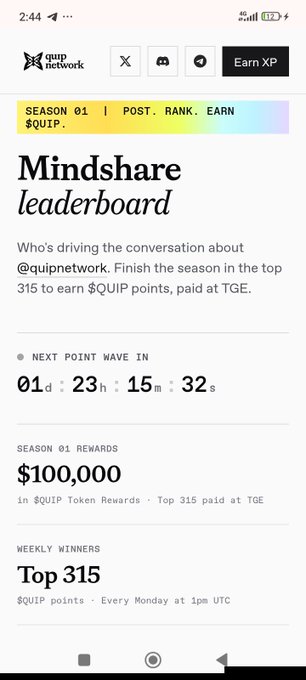 A mobile webpage for the Quip Network 'Mindshare leaderboard' for Season 01, offering $100,000 in $QUIP Token Rewards to the top 315 participants, with a countdown timer of 1 day, 23 hours, 15 minutes, and 32 seconds until the next point wave.