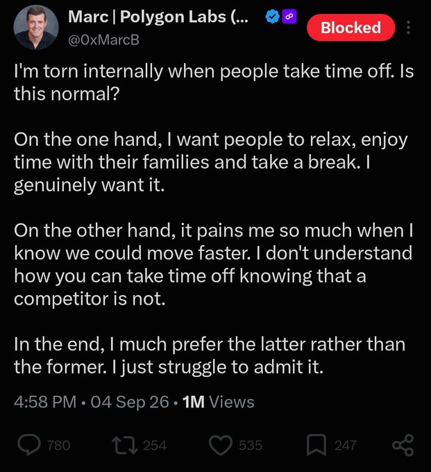 A screenshot of a tweet from Marc Boiron (@0xMarcB) of Polygon Labs, dated September 4, 2026, at 4:58 PM with 1M views, in which he expresses internal conflict about employees taking time off, stating he prefers they keep working to stay ahead of competitors rather than relax with family—relating to the accompanying post's implication that such leadership attitudes likely contributed to a marketing executive going on vacation.