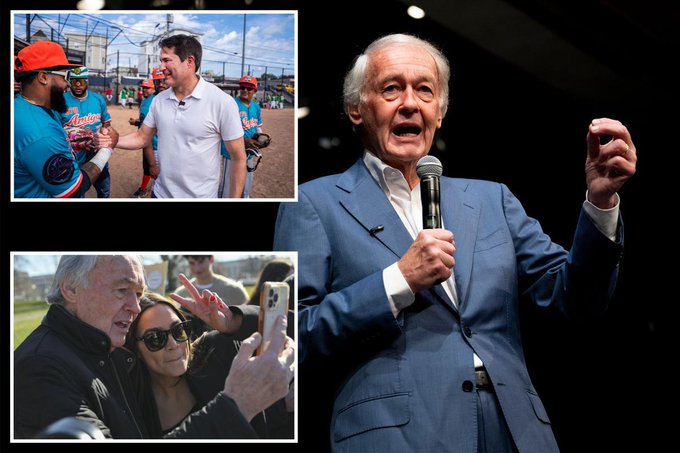A collage shows Bob Kraft, New England Patriots owner, speaking into a microphone at a formal event, greeting players at a baseball field, and posing for a selfie with a fan. The image appears to highlight prominent Massachusetts figures in the context of the state's political race between John Deaton and Senator Warren regarding crypto regulation.