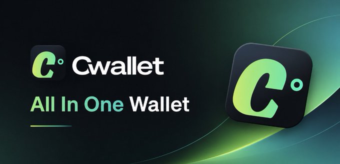 The image is a promotional banner for "Cwallet – All In One Wallet," featuring a sleek dark background with a green and black logo on the right. It directly supports the post's message by visually representing the solution to managing multiple crypto tasks—trading, swapping, chatting, and earning—all within a single, unified platform.