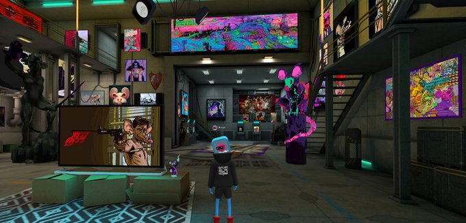 A digital scene of an avatar in a black hoodie and blue helmet standing in a neon-lit, cyberpunk-style virtual gallery filled with screens displaying various artwork.