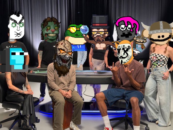 A diverse group of people sit around a poker table, their faces obscured by various cartoonish, meme-style masks (including a green ogre, a Viking helmet, and others), with one person holding up a "R.I.P." tombstone graphic—capturing the rough, worn-down "absolute state of crypto rn" vibe. The colorful neon casino-style setting and the RIP sign visually reinforce the post's lament about the current downturn in the crypto market.