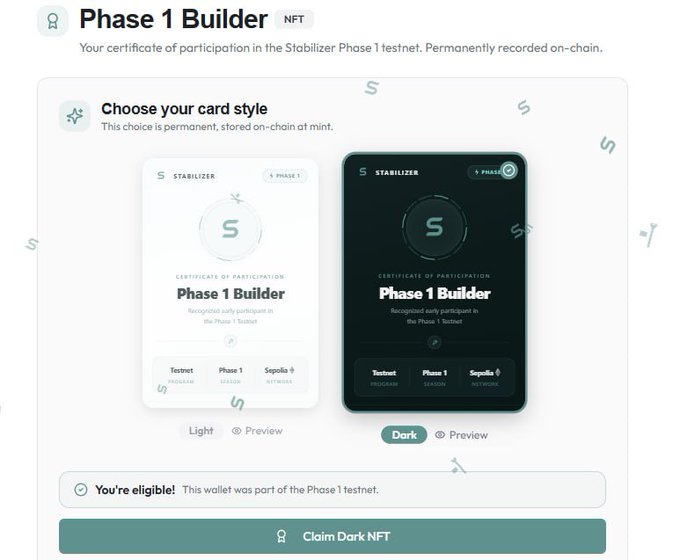 Screenshot of a 'Phase 1 Builder NFT' claim page from Stabilizer, showing a user can choose between Light or Dark card styles, with the Dark option selected and a 'Claim Dark NFT' button.