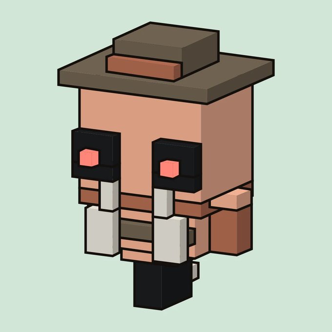 A 3D voxel-style Minecraft character design featuring a brown hat, peach skin, and black clothing against a mint green background.