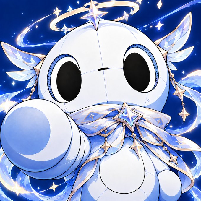 An illustration of a cute white robot character with large black eyes, wearing a star-themed scarf, a halo of stars above its head, and decorative star wings against a blue cosmic background.