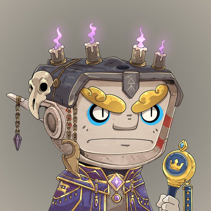 A digital illustration of a square-headed character wearing a helmet with four lit candles, a skull ornament, and purple robes, holding a scepter topped with a crown emblem.