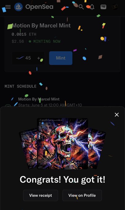 The image shows a phone screen displaying an app called "OpenSea" with a picture of a skull, and a message congratulating the user for their purchase. The app has a rating of 9.8 out of 10 stars, indicating that it is highly rated by other users. The user's name appears to be Adam Weitsman, who is known as the creator of "ArtBasel opensea".