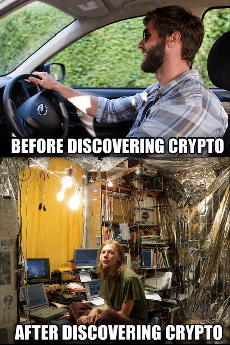 A two-panel meme showing the contrast before and after discovering crypto: the top image shows a man calmly driving a car with the caption "BEFORE DISCOVERING CRYPTO," while the bottom image depicts a disheveled man in a foil-covered, cluttered room full of computers and lights with the caption "AFTER DISCOVERING CRYPTO."