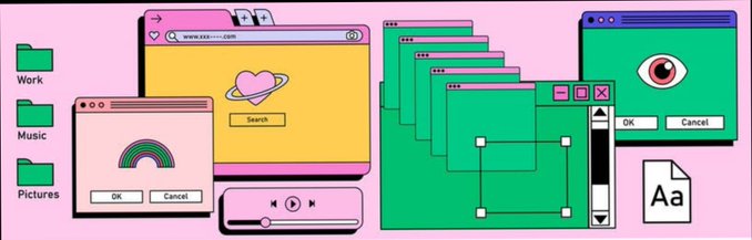 A nostalgic pink and green digital illustration featuring retro computer interface elements including folders labeled Work, Music, and Pictures, along with windows, dialog boxes, and various UI components.