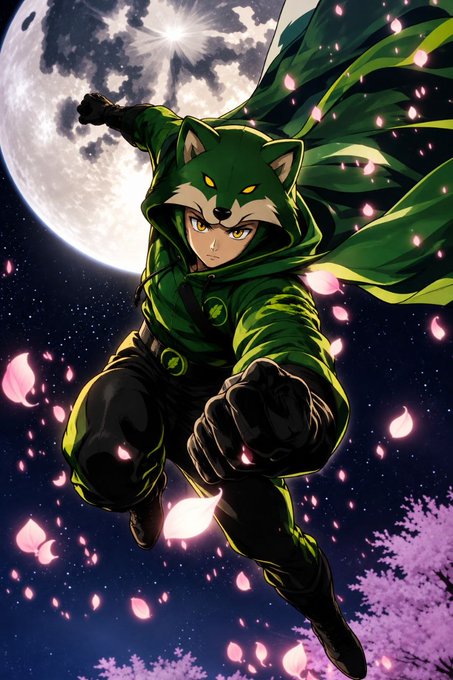 An anime-style illustration depicts a character wearing a green fox-eared hood and cape leaping forward with a clenched fist against a backdrop of a large moon, starry sky, and falling pink petals.