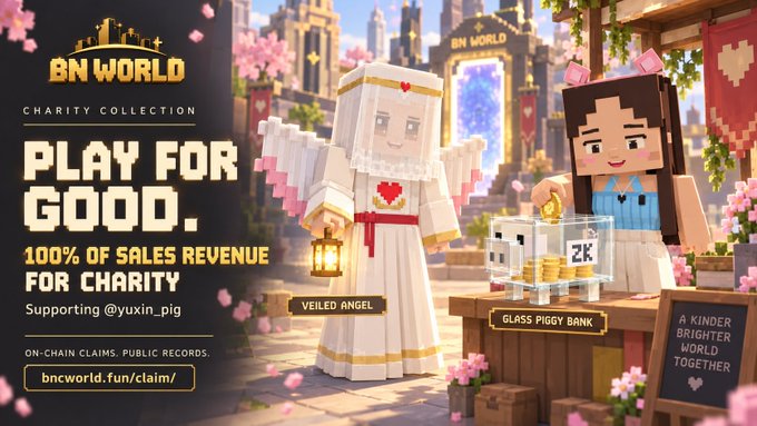 A promotional banner for 'BN WORLD' featuring 'CHARITY COLLECTION' and 'PLAY FOR GOOD', stating '100% OF SALES REVENUE FOR CHARITY' and 'Supporting @yuxin_pig', alongside pixel-art characters labeled 'VEILED ANGEL' and 'GLASS PIGGY BANK'.