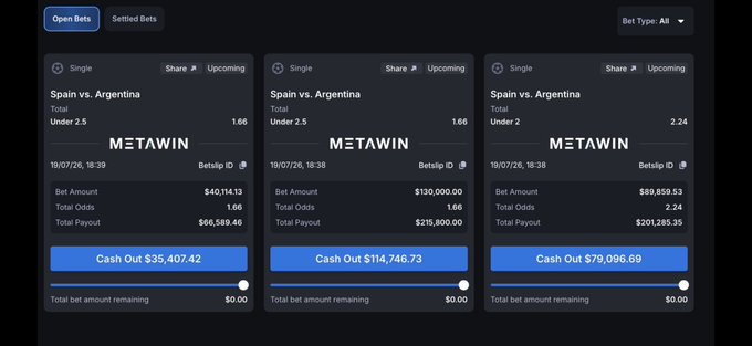 A betting platform interface showing three open 'Spain vs. Argentina' single bets with odds of 1.66, 1.66, and 2.24, displaying various bet amounts and cash out options.