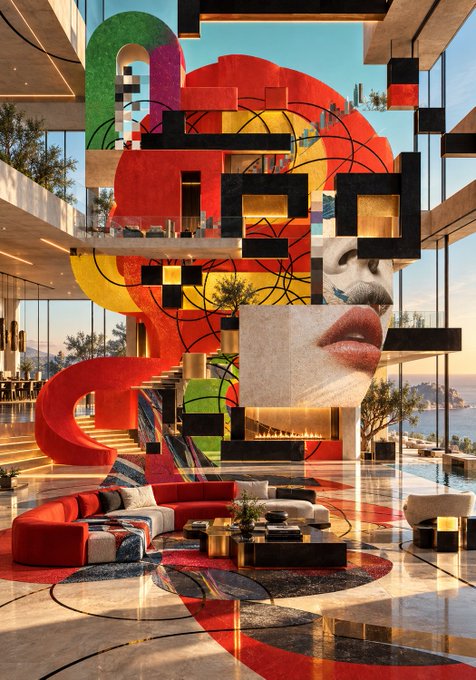 A luxurious modern interior space with bold, colorful abstract artwork, featuring red curved sofas, a fireplace, and large windows overlooking water.